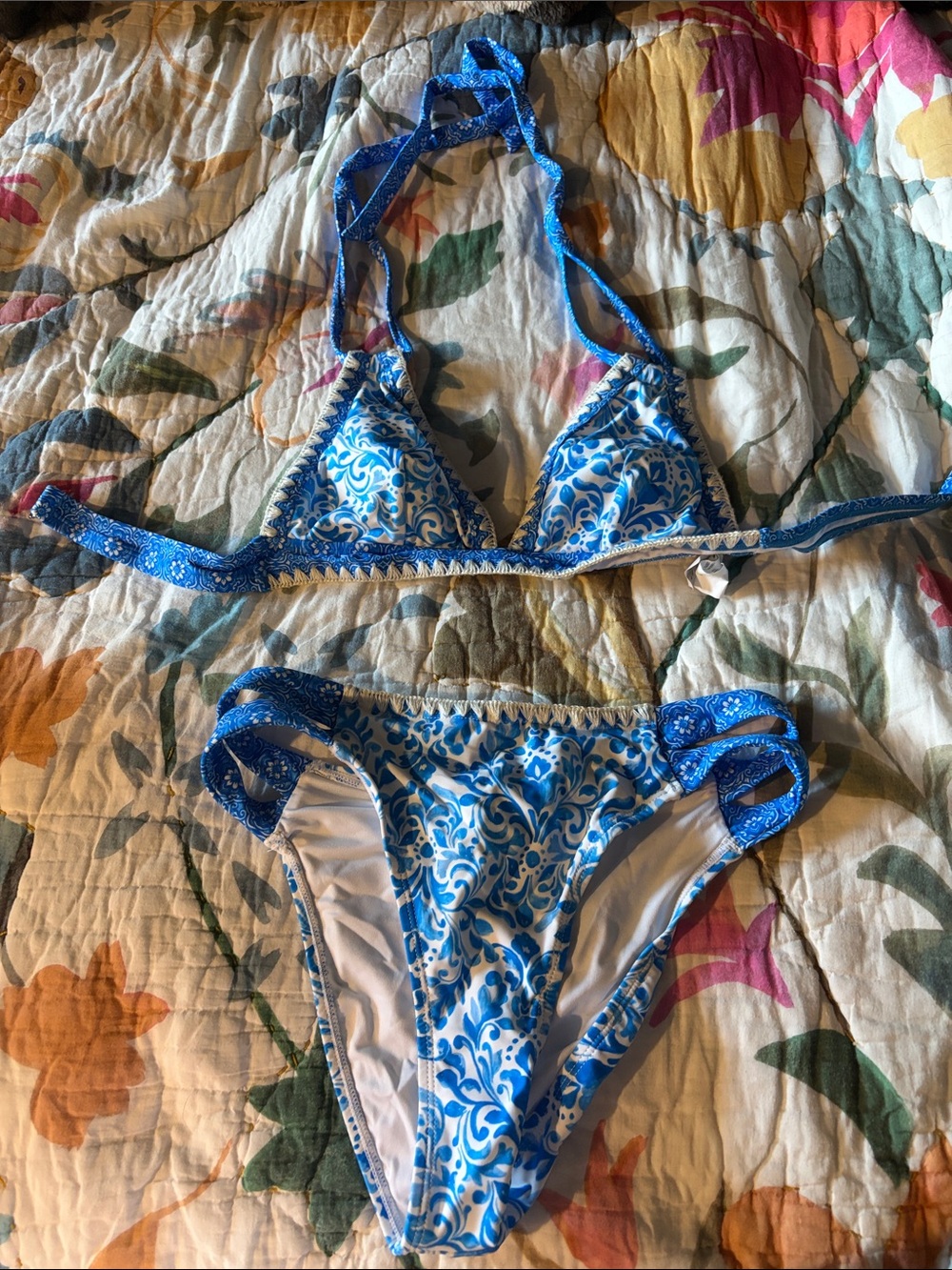 Blue and White Patterned Bikini Set